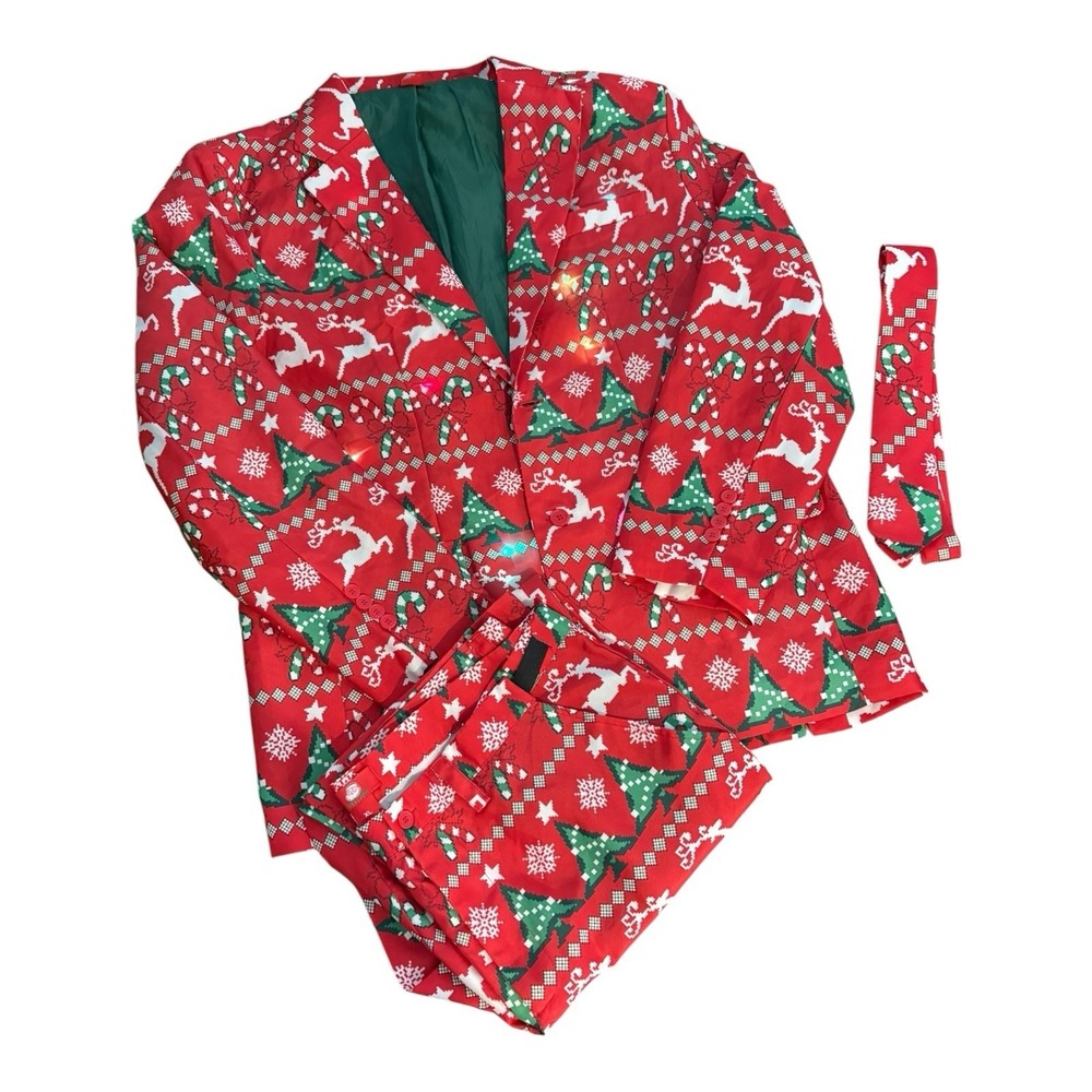 3 PC Light Up Red Ugly Party Christmas Suit Reindeer Candy Cane Mens XL- *Video